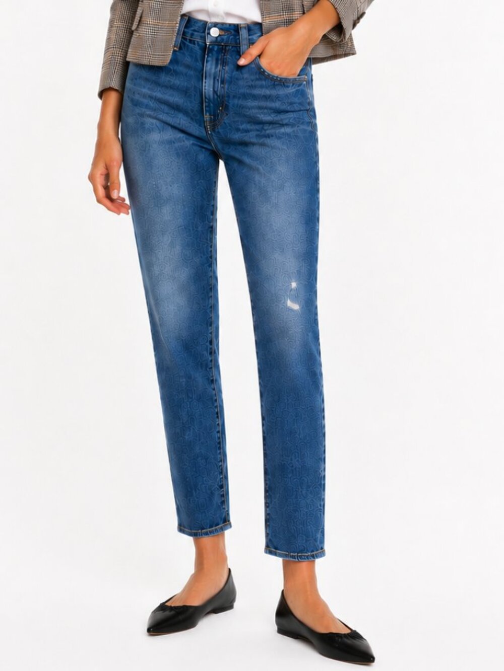 NILI LOTAN High Rise Straight Leg Classic Wash Distressed Denim Size 25 EUC